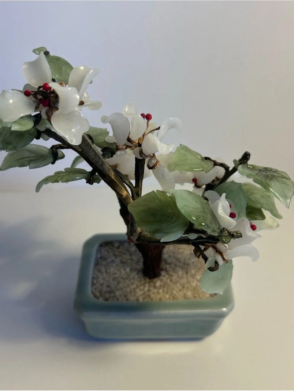 White Jade Blossom Bonsai in Pale Green Planter - Brand Unknown